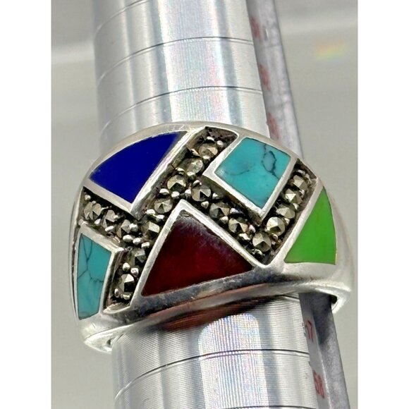 Sterling Silver Ring Multicolor Inlay Gemstones - Turquoise Lapis Onyx 7.5 6g Wt - Picture 9 of 10